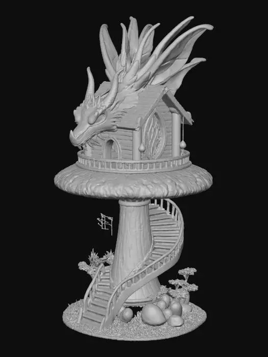 3D model for A dragon-shaped observatory perched on a giant mushroom, with windows made of stained glass feathers