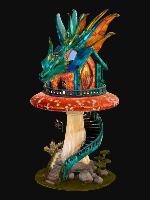 3D model for A dragon-shaped observatory perched on a giant mushroom, with windows made of stained glass feathers