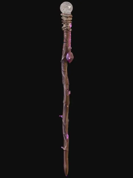 3D model for Create a detailed 3D model of a magical wand designed for a young spellcaster. The wand should be slender and slightly twisted, made of enchanted wood like elder or willow. Add glowing runes etched along the shaft, and a gemstone tip — options like amethyst, ruby, or moonstone. Include subtle spark effects or magical aura swirling around it. The handle should be wrapped in velvet or dragonhide, with a charm or tassel dangling from the base. The design should feel mystical, elegant, and ready to cast powerful spells.