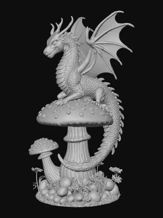 3D model for A dragon-shaped observatory perched on a giant mushroom, with windows made of stained glass feathers