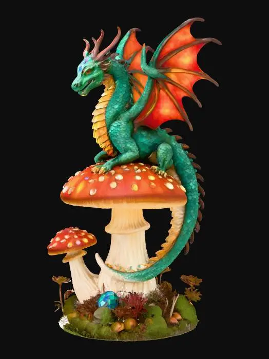 3D model for A dragon-shaped observatory perched on a giant mushroom, with windows made of stained glass feathers