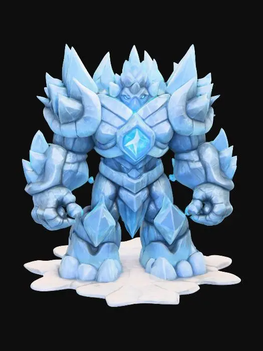 3D model for  Frozen Guardian (Boss or Mini-Boss)
“Towering ice guardian statue that animates when triggered, humanoid shape made of crystalized ice and ancient armor shards, glowing core in chest, cracks glowing faint blue, stylized for fantasy Roblox combat”

