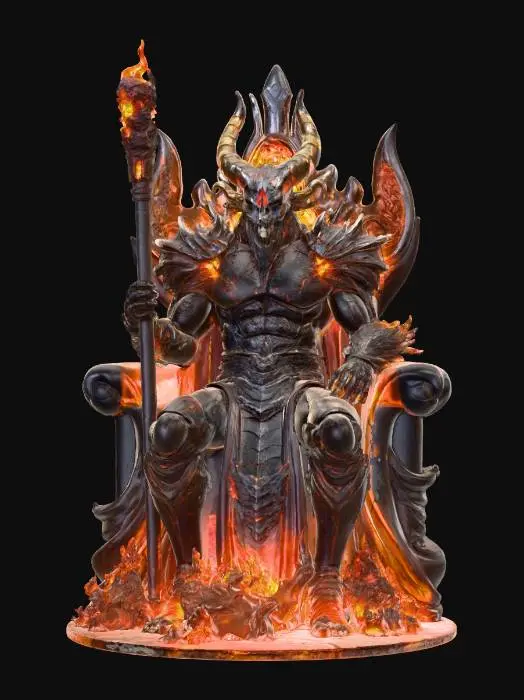 3D model for A molten tyrant forged in the heart of a dying volcano. His armor is cracked basalt, leaking fire with every movement. His throne is a scorched dragon skull, and his scepter burns with the last breath of fallen heroes. #villain#