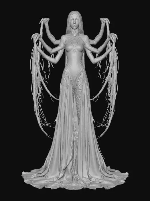 3D model for A towering villainess draped in obsidian silk and bone lace, her limbs jointed like a spider’s. She builds cathedrals of sorrow from the memories of her victims. Her crown is a web of shattered vows, and her eyes glow with ancient spite, #villain#