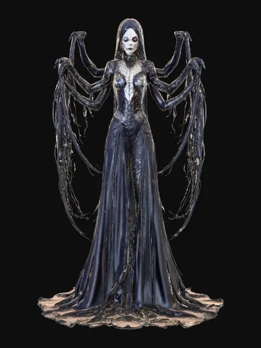 3D model for A towering villainess draped in obsidian silk and bone lace, her limbs jointed like a spider’s. She builds cathedrals of sorrow from the memories of her victims. Her crown is a web of shattered vows, and her eyes glow with ancient spite, #villain#