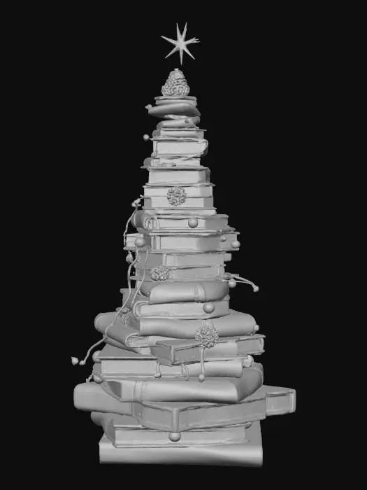 3D model for A Christmas tree built entirely from stacked books, fairy lights strung across the spines, glowing ornaments made of ink bottles and quills. Cozy painterly illustration, warm tones, magical library atmosphere
#Christmas2025#,