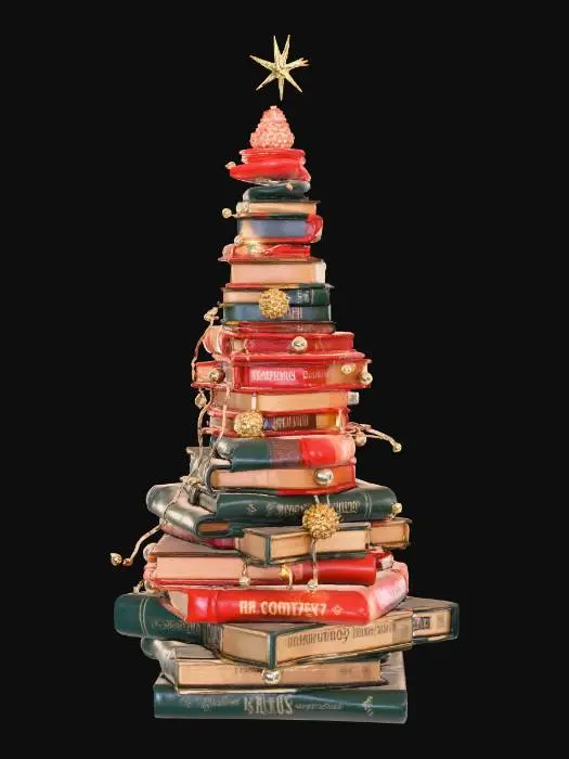 3D model for A Christmas tree built entirely from stacked books, fairy lights strung across the spines, glowing ornaments made of ink bottles and quills. Cozy painterly illustration, warm tones, magical library atmosphere
#Christmas2025#,