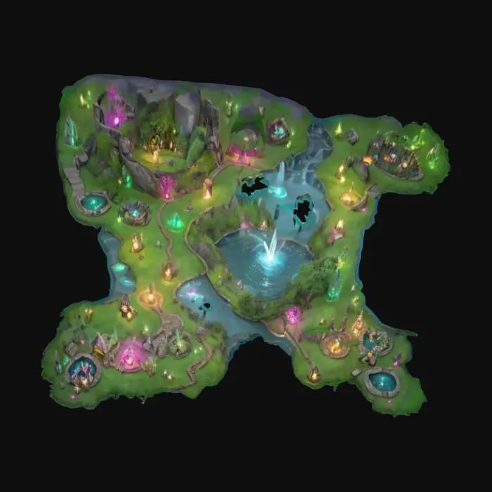 3D model for "Create a magical fantasy baseplate with vibrant terrain. Include walls adorned with glowing runes, sparkling water ponds, cascading waterfalls, luscious grass, majestic misty mountains, and scattered mystical creatures like fairies and unicorns. The ambiance should feel enchanting and alive."