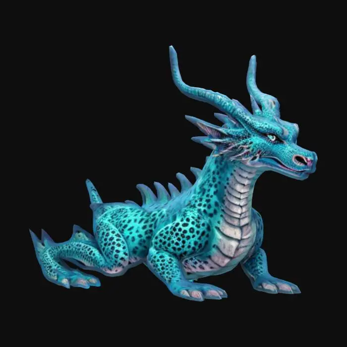 3D model for "Create a fantasy scene with a large dragon-like creature covered in leopard-like spots and glowing blue eyes. Include soft lighting and magical details to enhance the whimsical and enchanting atmosphere."