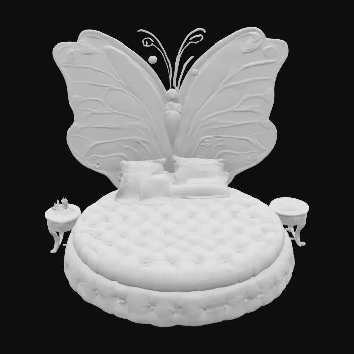 3D model for A breathtaking butterfly-inspired bed with an ornate, sculptural design. The oversized headboard features elegant, gold-trimmed wings, symmetrically spread like a delicate monarch butterfly. Soft pink hues blend seamlessly with shimmering gold accents, creating a luxurious yet whimsical aesthetic. The round bed rests in the center, draped in plush pink bedding, complementing the ethereal design. The curved golden details extend along the sides, accentuating the graceful form. A true statement piece, this bed embodies fantasy, elegance, and artistic craftsmanship, making it a dreamlike focal point in any space