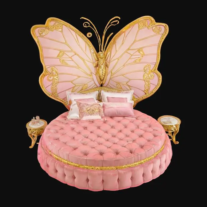 3D model for A breathtaking butterfly-inspired bed with an ornate, sculptural design. The oversized headboard features elegant, gold-trimmed wings, symmetrically spread like a delicate monarch butterfly. Soft pink hues blend seamlessly with shimmering gold accents, creating a luxurious yet whimsical aesthetic. The round bed rests in the center, draped in plush pink bedding, complementing the ethereal design. The curved golden details extend along the sides, accentuating the graceful form. A true statement piece, this bed embodies fantasy, elegance, and artistic craftsmanship, making it a dreamlike focal point in any space