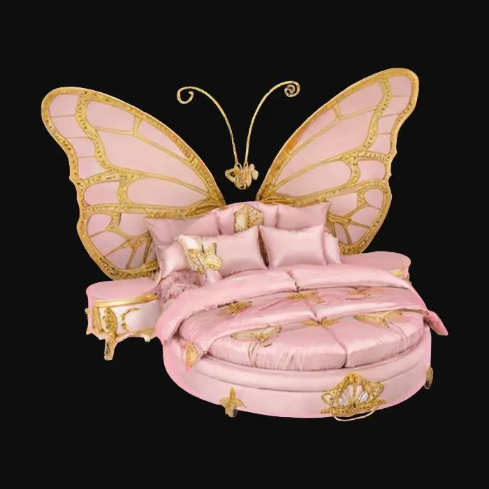 3D model for A breathtaking butterfly-inspired bed with an ornate, sculptural design. The oversized headboard features elegant, gold-trimmed wings, symmetrically spread like a delicate monarch butterfly. Soft pink hues blend seamlessly with shimmering gold accents, creating a luxurious yet whimsical aesthetic. The round bed rests in the center, draped in plush pink bedding, complementing the ethereal design. The curved golden details extend along the sides, accentuating the graceful form. A true statement piece, this bed embodies fantasy, elegance, and artistic craftsmanship, making it a dreamlike focal point in any space