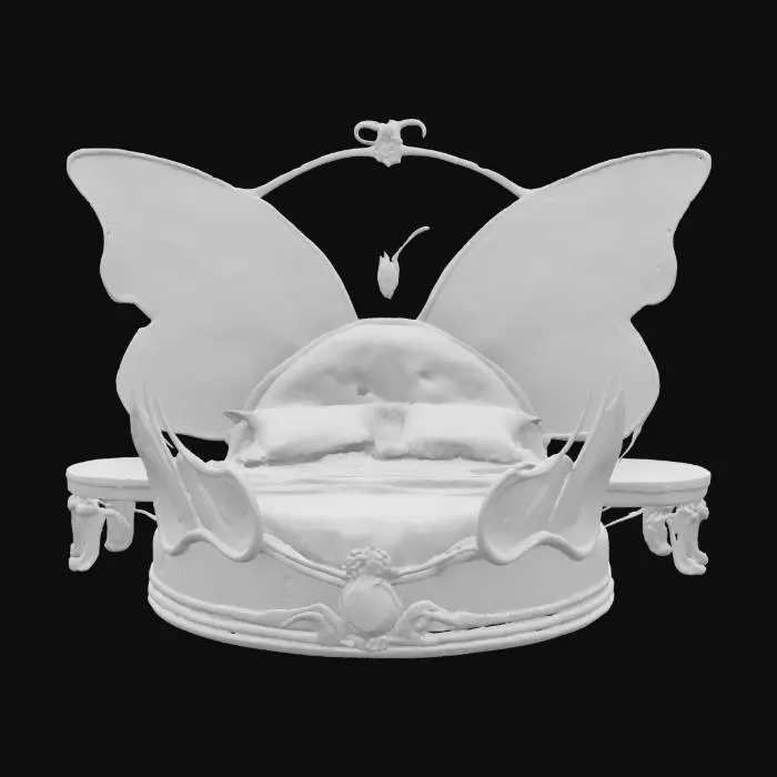 3D model for An opulent butterfly-themed bed with a grand, luminous design. The massive wing-shaped headboard features intricate patterns resembling stained glass, illuminated by delicate sparkling lights. Soft white bedding rests atop a circular frame, complementing the ethereal aesthetic. The room is elegantly adorned with marble-like textures and modern lighting fixtures, enhancing the luxurious, dreamlike atmosphere. The fusion of whimsical artistry and sophisticated decor makes this piece a stunning statement of fantasy and elegance.