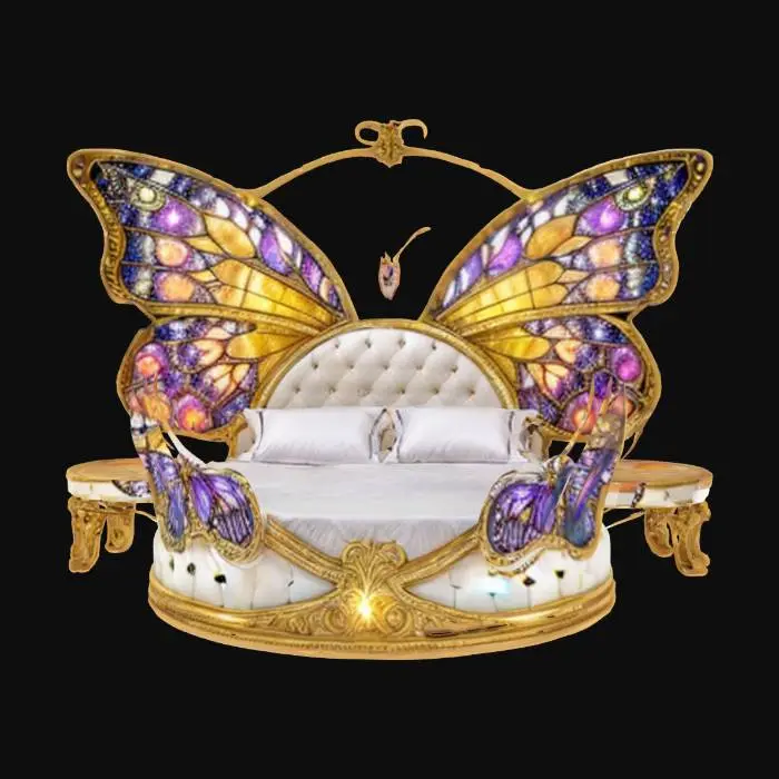 3D model for An opulent butterfly-themed bed with a grand, luminous design. The massive wing-shaped headboard features intricate patterns resembling stained glass, illuminated by delicate sparkling lights. Soft white bedding rests atop a circular frame, complementing the ethereal aesthetic. The room is elegantly adorned with marble-like textures and modern lighting fixtures, enhancing the luxurious, dreamlike atmosphere. The fusion of whimsical artistry and sophisticated decor makes this piece a stunning statement of fantasy and elegance.