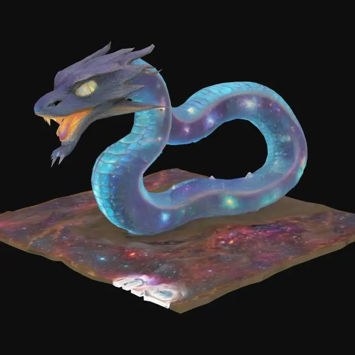 3D model for Above the cosmic horizon, the Celestial Serpent drifts through the vastness of space, its elongated body adorned with shimmering, galaxy-like scales. Each scale reflects the depths of the universe—swirling nebulae, distant stars, and radiant celestial storms. Its eyes glow like twin supernovas, illuminating the void with ethereal brilliance. Trails of stardust cascade behind its undulating form, weaving cosmic energy through the darkness. As it moves, its body shifts effortlessly between dimensions, slipping through interstellar currents like a creature born of the cosmos itself. Silent yet powerful, the Celestial Serpent embodies the infinite, a divine entity gliding through the fabric of reality.