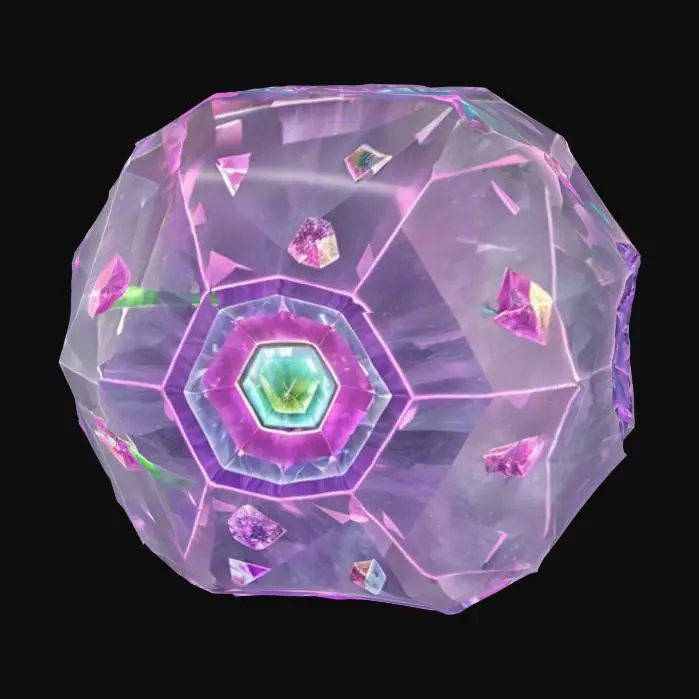3D model for {
  "Object": "Floating collectible power crystal with glowing core",
  "Material": "Translucent gem, inner energy core",
  "Shape/Form": "Faceted hexagonal crystal with floating shards around it",
  "Color Scheme": "Electric purple with neon pink glow",
  "Texture Details": "Smooth glass surface, glowing inner energy swirl",
  "Style": "Stylized",
  "Environment/Use Context": "Used as a magic boost collectible in a platformer game",
  "Reference Models": "Inspired by Spyro crystals and Crash Bandicoot gems"
}






