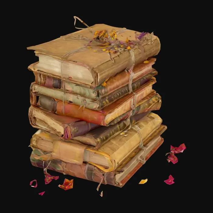 3D model for {
  "Object": "Stack of old books tied with string and decorated with dried flowers and petals",
  "Material": "Worn leather, parchment paper, twine binding",
  "Shape/Form": "Irregular stacked books with aged covers and bent spines",
  "Color Scheme": "Earthy browns, reds, and yellows with pops of floral color",
  "Texture Details": "Rough leather, frayed edges, dry flower textures",
  "Style": "Stylized",
  "Environment/Use Context": "Used in a witchy cottage, fantasy apothecary, or autumn reading nook",
  "Reference Models": "Inspired by enchanted or spellbook stacks"
}
