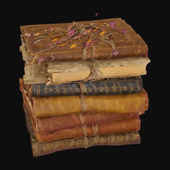 3D model for {
  "Object": "Stack of old books tied with string and decorated with dried flowers and petals",
  "Material": "Worn leather, parchment paper, twine binding",
  "Shape/Form": "Irregular stacked books with aged covers and bent spines",
  "Color Scheme": "Earthy browns, reds, and yellows with pops of floral color",
  "Texture Details": "Rough leather, frayed edges, dry flower textures",
  "Style": "Stylized",
  "Environment/Use Context": "Used in a witchy cottage, fantasy apothecary, or autumn reading nook",
  "Reference Models": "Inspired by enchanted or spellbook stacks"
}
