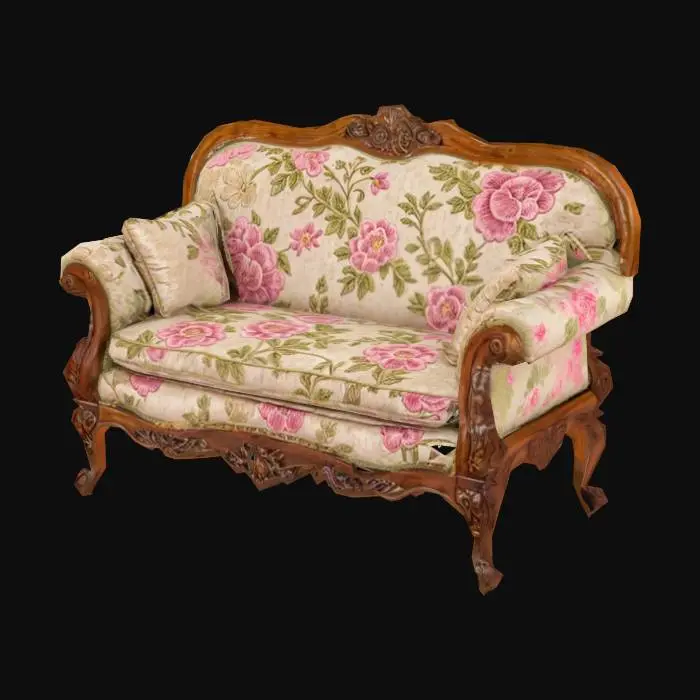 3D model for 
{
  "Object": "Ornate Victorian-style loveseat upholstered in floral fabric",
  "Material": "Wooden carved frame, embroidered cushions",
  "Shape/Form": "Curved backrest with plush seat and scrolled arms",
  "Color Scheme": "Ivory base with pink and green floral upholstery",
  "Texture Details": "Velvet or linen seat, carved wood detail, tufted cushions",
  "Style": "Stylized",
  "Environment/Use Context": "Used in a vintage living room or whimsical tea lounge",
  "Reference Models": "Inspired by French rococo or shabby chic sofas"
}





