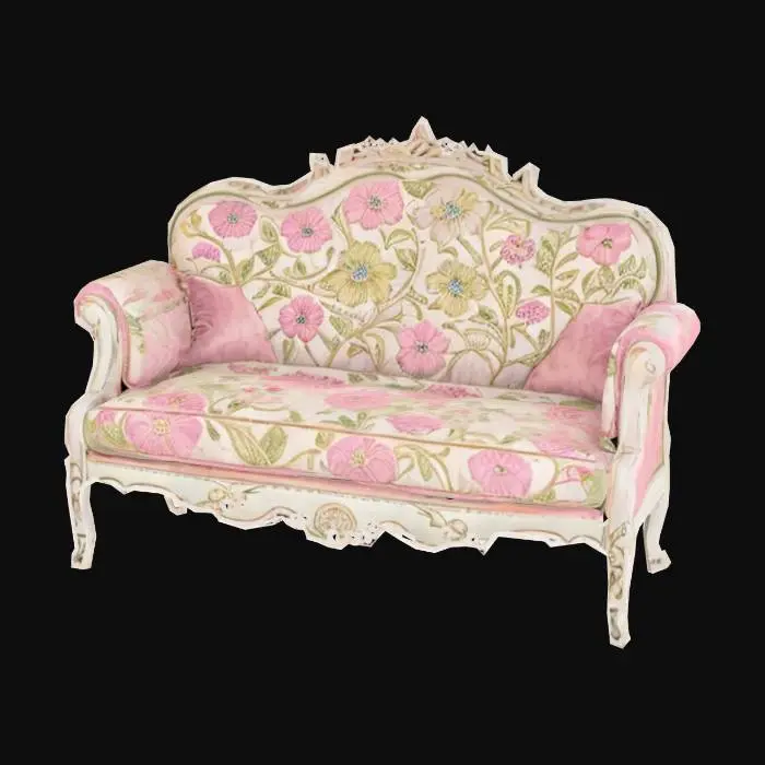 3D model for 
{
  "Object": "Ornate Victorian-style loveseat upholstered in floral fabric",
  "Material": "Wooden carved frame, embroidered cushions",
  "Shape/Form": "Curved backrest with plush seat and scrolled arms",
  "Color Scheme": "Ivory base with pink and green floral upholstery",
  "Texture Details": "Velvet or linen seat, carved wood detail, tufted cushions",
  "Style": "Stylized",
  "Environment/Use Context": "Used in a vintage living room or whimsical tea lounge",
  "Reference Models": "Inspired by French rococo or shabby chic sofas"
}





