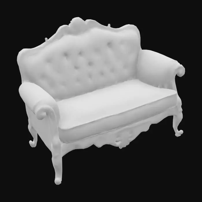 3D model for 
{
  "Object": "Ornate Victorian-style loveseat upholstered in floral fabric",
  "Material": "Wooden carved frame, embroidered cushions",
  "Shape/Form": "Curved backrest with plush seat and scrolled arms",
  "Color Scheme": "Ivory base with pink and green floral upholstery",
  "Texture Details": "Velvet or linen seat, carved wood detail, tufted cushions",
  "Style": "Stylized",
  "Environment/Use Context": "Used in a vintage living room or whimsical tea lounge",
  "Reference Models": "Inspired by French rococo or shabby chic sofas"
}





