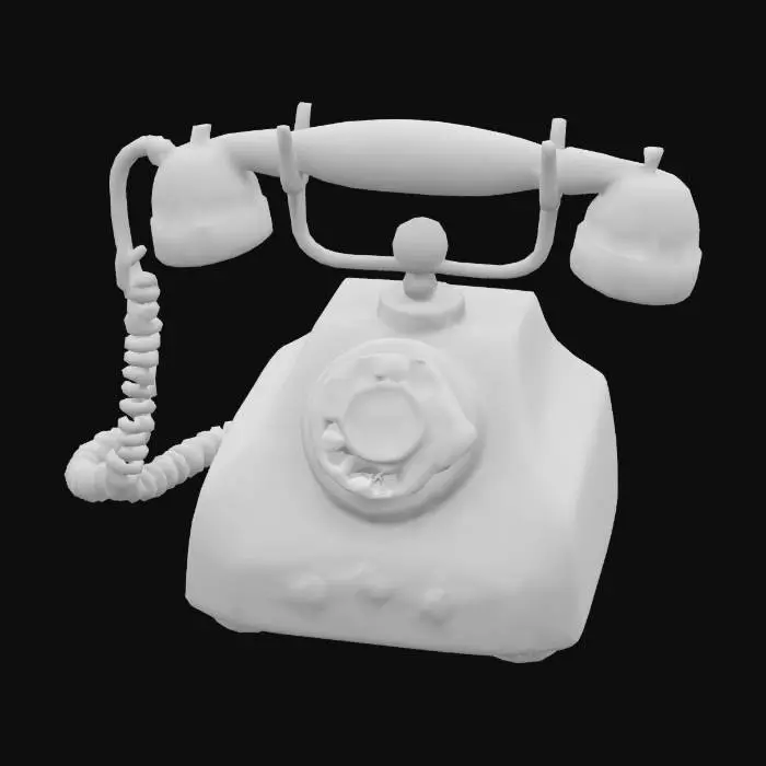 3D model for {
  "Object": "Retro rotary telephone with floral accents and a rose pink handset",
  "Material": "Enamel-coated metal, chrome dial, and painted floral decorations",
  "Shape/Form": "Rounded base with circular dial and curled cord",
  "Color Scheme": "Cream body, dark pink handset, green and red floral elements",
  "Texture Details": "Glossy surface, engraved numbers, soft petal finish",
  "Style": "Stylized vintage",
  "Environment/Use Context": "Placed on a vanity table in a 1950s-style room",
  "Reference Models": "Inspired by French Rococo and romantic vintage phones"
}
