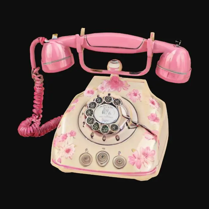 3D model for {
  "Object": "Retro rotary telephone with floral accents and a rose pink handset",
  "Material": "Enamel-coated metal, chrome dial, and painted floral decorations",
  "Shape/Form": "Rounded base with circular dial and curled cord",
  "Color Scheme": "Cream body, dark pink handset, green and red floral elements",
  "Texture Details": "Glossy surface, engraved numbers, soft petal finish",
  "Style": "Stylized vintage",
  "Environment/Use Context": "Placed on a vanity table in a 1950s-style room",
  "Reference Models": "Inspired by French Rococo and romantic vintage phones"
}
