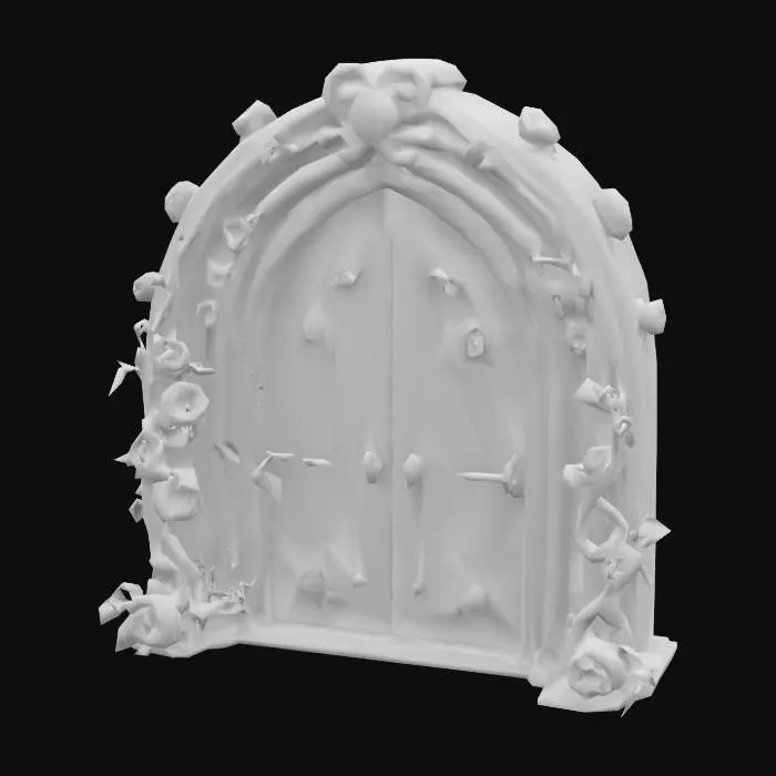 3D model for {
  "Object": "Ornate pink fairy door with floral frame and fluttering butterflies",
  "Material": "Painted wood, climbing roses, golden hinges",
  "Shape/Form": "Gothic arched door surrounded by thick blooming vines",
  "Color Scheme": "Soft pink, ivory, gold, green",
  "Texture Details": "Carved wood grain, petal surfaces, lace-like metal details",
  "Style": "Whimsical fantasy",
  "Environment/Use Context": "Used in enchanted garden, miniature fairy home, or fantasy RPG world",
  "Reference Models": "Inspired by fairycore aesthetics and cottage garden decor"
}










