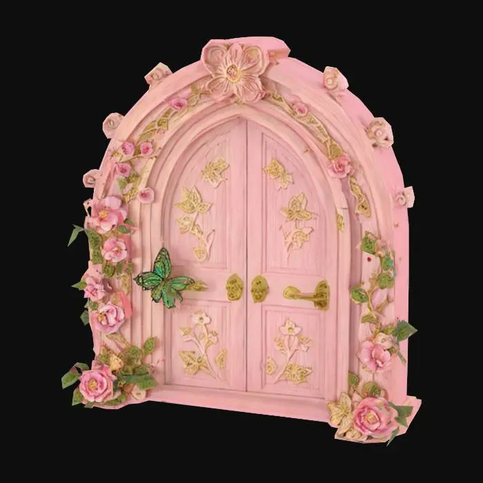 3D model for {
  "Object": "Ornate pink fairy door with floral frame and fluttering butterflies",
  "Material": "Painted wood, climbing roses, golden hinges",
  "Shape/Form": "Gothic arched door surrounded by thick blooming vines",
  "Color Scheme": "Soft pink, ivory, gold, green",
  "Texture Details": "Carved wood grain, petal surfaces, lace-like metal details",
  "Style": "Whimsical fantasy",
  "Environment/Use Context": "Used in enchanted garden, miniature fairy home, or fantasy RPG world",
  "Reference Models": "Inspired by fairycore aesthetics and cottage garden decor"
}










