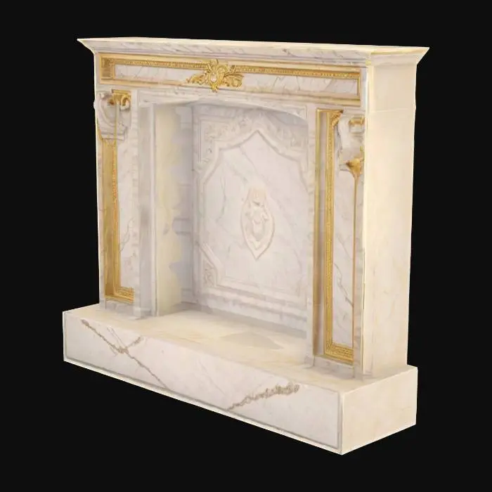 3D model for Object: Wall section with decorative alcove

Material: Marble base with plaster niche and gold trim

Shape/Form: Rectangular wall with recessed arch for statue or decor

Color Scheme: Warm white marble, champagne gold highlights

Texture Details: Polished niche, carved marble base

Style: Stylized realistic

Environment/Use Context: Ballroom interior decor feature

Reference Models: Baroque alcove architecture