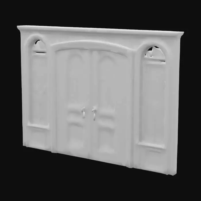 3D model for 
Object: pastel front entrance double door with floral-patterned windows
Material: solid painted wood, stained glass, brass hinges
Shape/Form: symmetrical double door with arched floral window insets and ornate door frame
Color Scheme: soft white wood, pale rose stained glass accents, gold trim
Texture Details: semi-gloss wood finish, etched floral glass, polished metal handles
Style: stylized-realistic, pastel Victorian
Environment/Use Context: exterior main home entry, auto or click-triggered door animation for entry/exit
Reference Models: classic Victorian estate doors, European manor entryways
