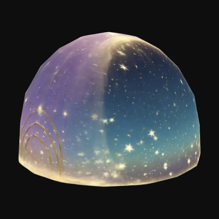 3D model for Object: magical starfall visual effect  
Material: glowing crystal particles  
Shape/Form: layered ring or dome with falling shimmering stars  
Color Scheme: pastel gold, soft lavender, sky blue  
Texture Details: twinkle particle effects, light trails, glow pulses  
Style: stylized-fantasy sky effect  
Environment/Use Context: floats above nighttime scenes as animated sky aura  
Reference Models: shooting stars, magical aurora particles
