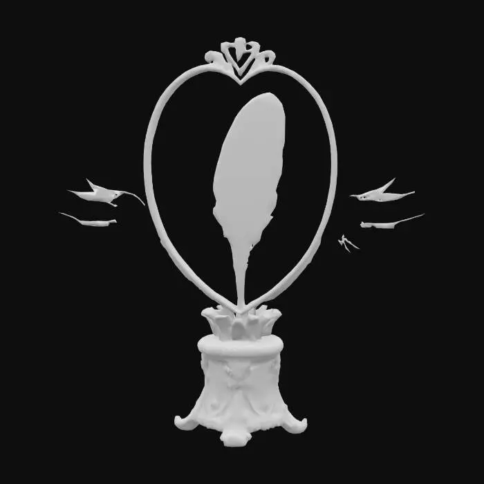 3D model for Crystal glass texture with heart panel frames and soft animated sparkles.
Magical feather holder with single enchanted feather floating above a pedestal, wing motifs, pastel swirl FX, Roblox low poly fantasy item