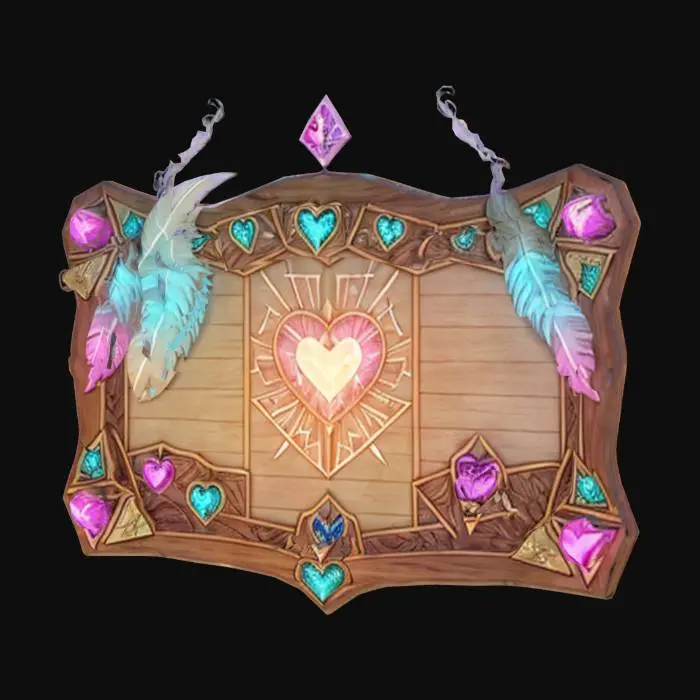3D model for Fantasy wooden quest board with glowing magical paper scrolls, pinned feathers, and sparkle trim, heart and wing carvings, pastel crystal accents, stylized for Roblox, game-ready low poly