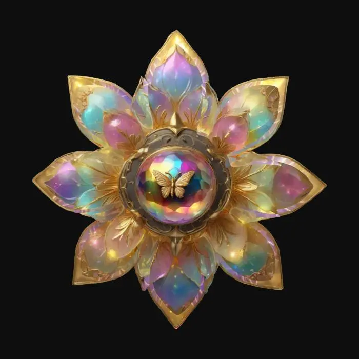 3D model for #emblem#, Fantasy emblem shaped like a large blooming flower with rainbow pastel crystal petals surrounding a glowing orb center. Each petal is unique in shape and slightly translucent with magical light scattering. A small golden butterfly hovers above the orb, and soft sparkles swirl around the outer edge. Stylized for a magical boutique world. Fully modeled, no textures. High-detail fantasy style. Clean UVs, sealed mesh, Roblox-optimized., #emblem#