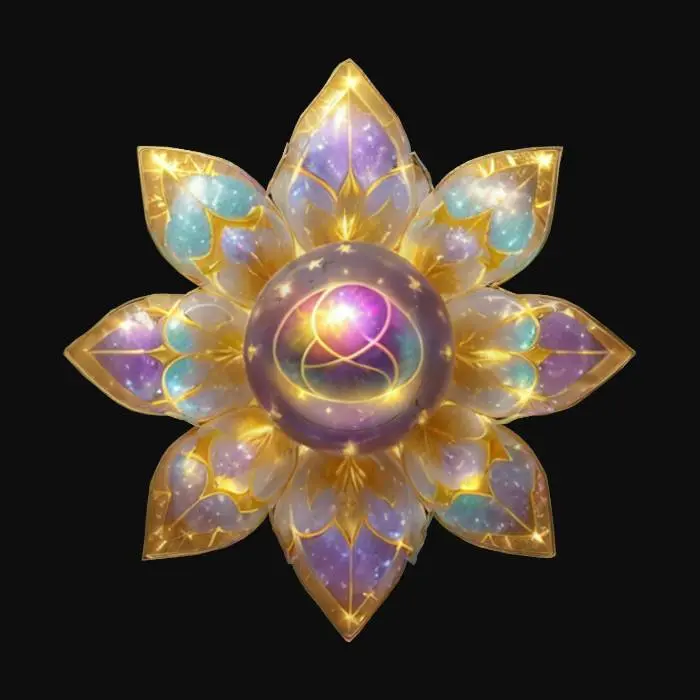3D model for #emblem#, Fantasy emblem shaped like a large blooming flower with rainbow pastel crystal petals surrounding a glowing orb center. Each petal is unique in shape and slightly translucent with magical light scattering. A small golden butterfly hovers above the orb, and soft sparkles swirl around the outer edge. Stylized for a magical boutique world. Fully modeled, no textures. High-detail fantasy style. Clean UVs, sealed mesh, Roblox-optimized., #emblem#