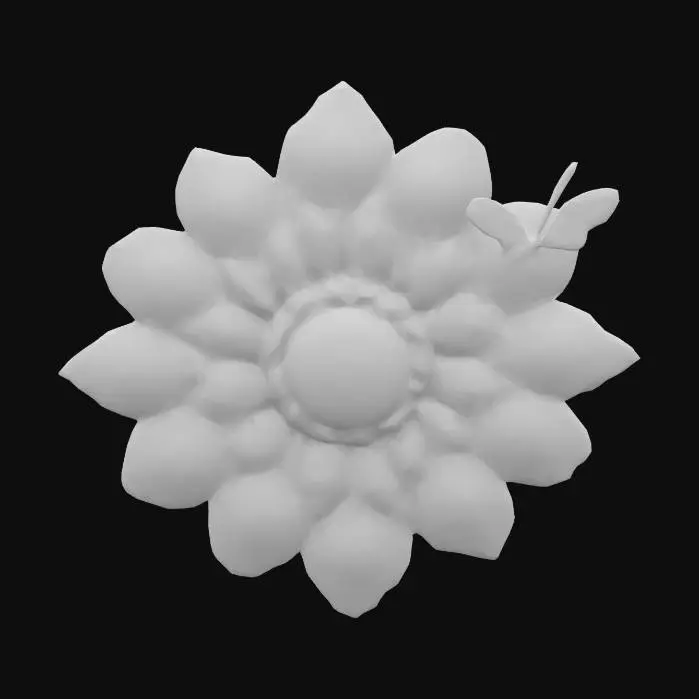 3D model for #emblem#, Fantasy emblem shaped like a large blooming flower with rainbow pastel crystal petals surrounding a glowing orb center. Each petal is unique in shape and slightly translucent with magical light scattering. A small golden butterfly hovers above the orb, and soft sparkles swirl around the outer edge. Stylized for a magical boutique world. Fully modeled, no textures. High-detail fantasy style. Clean UVs, sealed mesh, Roblox-optimized., #emblem#