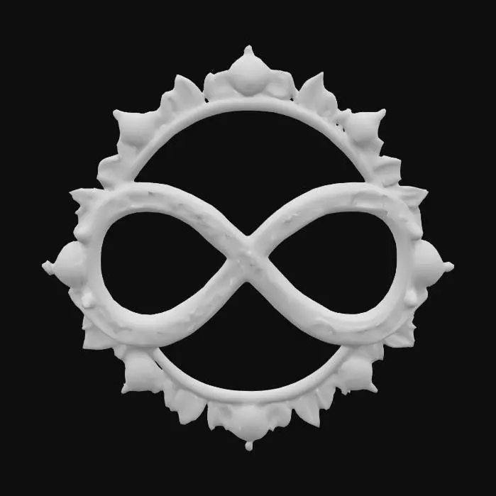 3D model for {
  "Object": "Celestial infinity emblem",
  "Material": "carved gold, radiant sapphire crystal, and astral glass",
  "Shape/Form": "perfect circular crest with pointed radial flares, central infinity symbol embedded in faceted crystal, layered with symmetrical filigree",
  "Color Scheme": "deep cosmic blue, luminous teal, and antique gold",
  "Texture Details": "high-polish gemstones, engraved gold latticework, subtle glow beneath the crystal surface",
  "Style": "hyper-detailed fantasy luxe with magical realism",
  "Environment/Use Context": "hovering above a twilight sky, framed by swirling nebula clouds",
  "Reference Models": "inspired by Final Fantasy icons and high-fantasy artifact design"
}
