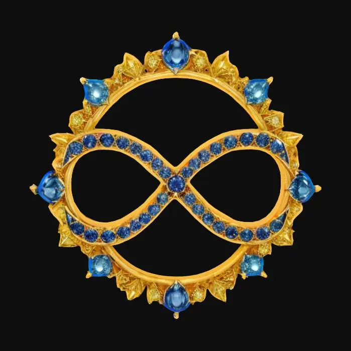 3D model for {
  "Object": "Celestial infinity emblem",
  "Material": "carved gold, radiant sapphire crystal, and astral glass",
  "Shape/Form": "perfect circular crest with pointed radial flares, central infinity symbol embedded in faceted crystal, layered with symmetrical filigree",
  "Color Scheme": "deep cosmic blue, luminous teal, and antique gold",
  "Texture Details": "high-polish gemstones, engraved gold latticework, subtle glow beneath the crystal surface",
  "Style": "hyper-detailed fantasy luxe with magical realism",
  "Environment/Use Context": "hovering above a twilight sky, framed by swirling nebula clouds",
  "Reference Models": "inspired by Final Fantasy icons and high-fantasy artifact design"
}
