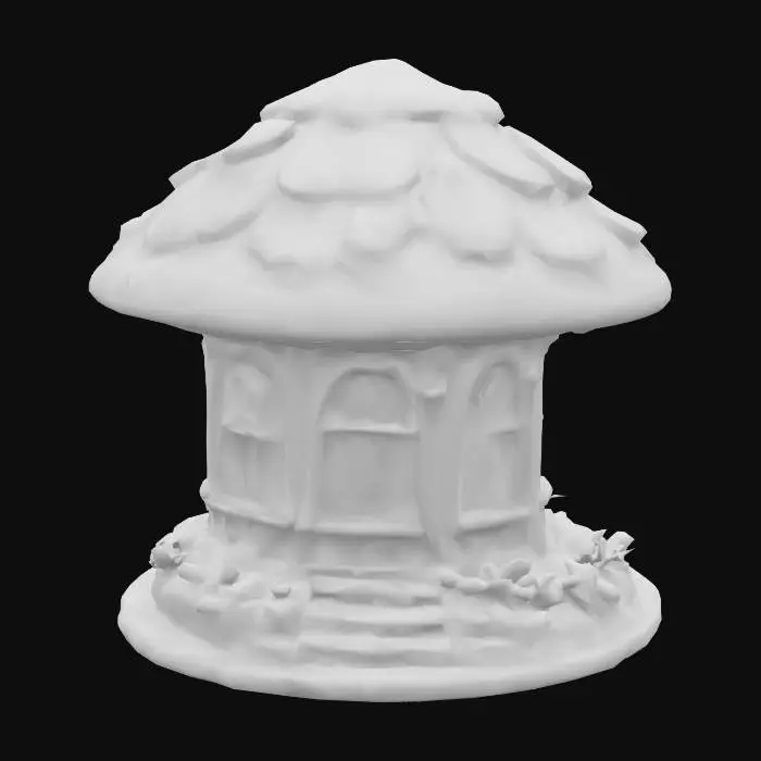 3D model for Fantasy mushroom-shaped gazebo with stained glass floral windows, carved stone base, botanical relief details, sculpted wooden roof, hand-painted textures, ultra-realistic, polished, game asset, highly detailed, stylized storybook architecture.