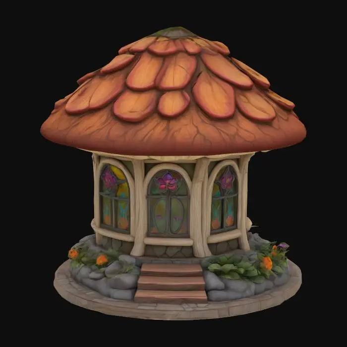 3D model for Fantasy mushroom-shaped gazebo with stained glass floral windows, carved stone base, botanical relief details, sculpted wooden roof, hand-painted textures, ultra-realistic, polished, game asset, highly detailed, stylized storybook architecture.