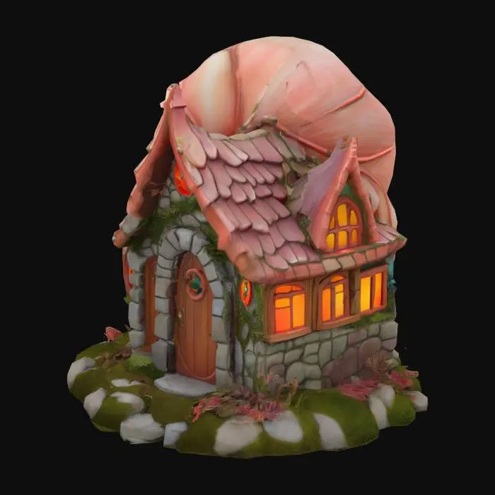 3D model for 
Magical fairy home shaped like a nautilus shell, stone base with tiny arched stained glass windows, coral trim, moss and ivy accents, painted wood door, whimsical, ultra-detailed, game asset, polished fantasy structure for enchanted village
Oceanic and fantasy blend 
