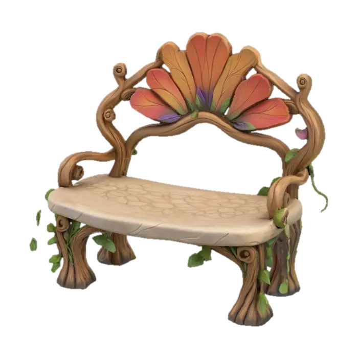 Curved fairy garden bench made from twisted wood and carved stone, flower petal backrest, vines… 的 AI 生成 3D 模型