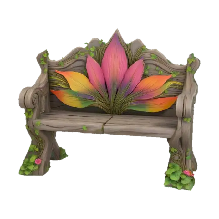 Curved fairy garden bench made from twisted wood and carved stone, flower petal backrest, vines… 的 AI 生成 3D 模型