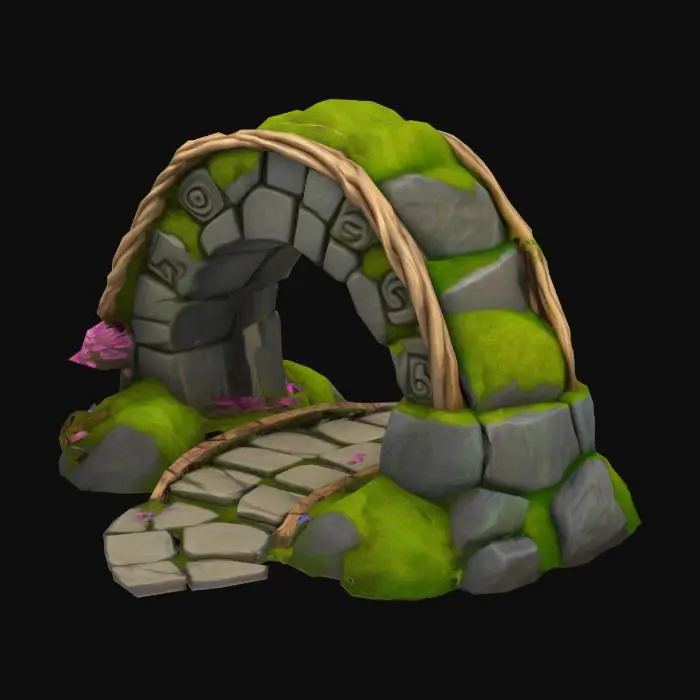 3D model for Small arched stone bridge with twisted wooden rails, moss and flowers growing on the surface, glowing runes carved into the sides, stylized, polished, highly detailed, fantasy game environment piece