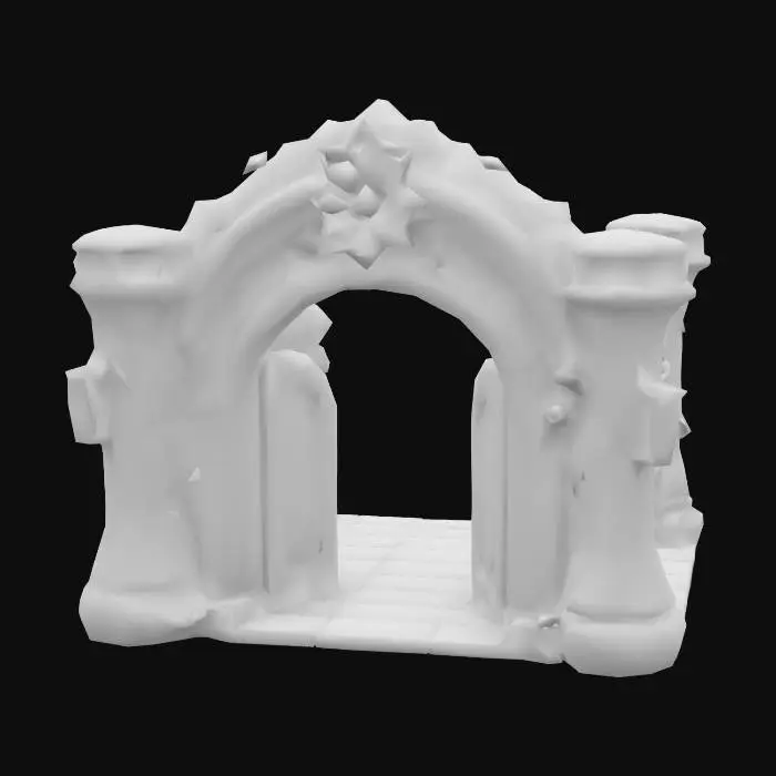 3D model for Magical archway made of carved stone and flowering vines, floating glowing runes around the arch, leaf and crystal decorations, stained glass crest at the top, ultra-detailed, whimsical, storybook fantasy teleport structure