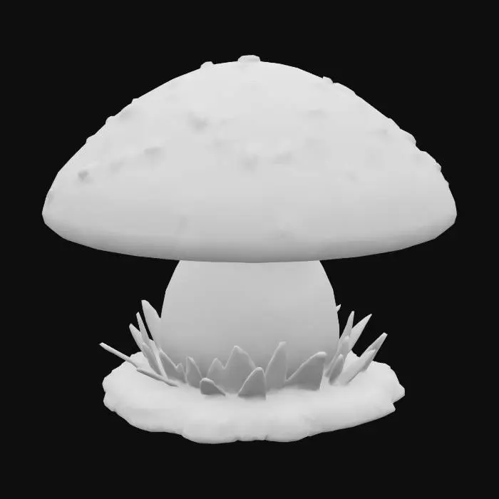 3D model for Low-poly mushroom stool with round pastel cap, wooden-textured stem, moss clumps at the base, stylized fairycore furniture, game-ready and watertight mesh

