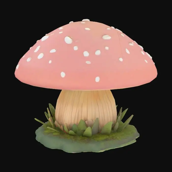 3D model for Low-poly mushroom stool with round pastel cap, wooden-textured stem, moss clumps at the base, stylized fairycore furniture, game-ready and watertight mesh

