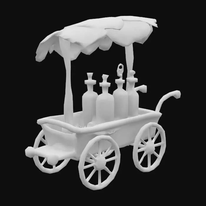 3D model for {
  "Object": "low-poly fairy potion cart",
  "Material": "wooden base with leaf canopy and glass potion bottles",
  "Shape/Form": "curved roof with open front and two spoked wheels",
  "Color Scheme": "pastel greens, lavender, and amber with gold accents",
  "Texture Details": "smooth glass, soft moss, hand-painted floral woodgrain",
  "Style": "stylized, fairycore, game-ready",
  "Environment/Use Context": "traveling fantasy vendor stall for enchanted forest fair",
  "Reference Models": "inspired by cozy Ghibli carts and fairy merchant stalls"
}
