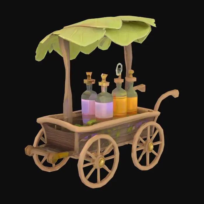 3D model for {
  "Object": "low-poly fairy potion cart",
  "Material": "wooden base with leaf canopy and glass potion bottles",
  "Shape/Form": "curved roof with open front and two spoked wheels",
  "Color Scheme": "pastel greens, lavender, and amber with gold accents",
  "Texture Details": "smooth glass, soft moss, hand-painted floral woodgrain",
  "Style": "stylized, fairycore, game-ready",
  "Environment/Use Context": "traveling fantasy vendor stall for enchanted forest fair",
  "Reference Models": "inspired by cozy Ghibli carts and fairy merchant stalls"
}
